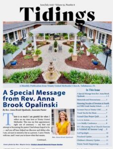 Cover of Tidings magazine; a courtyard with a fountain, pergola, and plants, featuring the headline 'A Special Message from Rev. Anna Brook Opalinski'