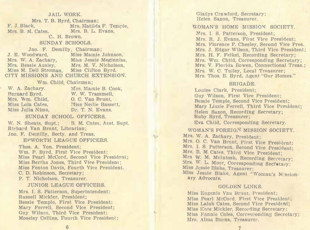 Two-page antique directory listing church and society officers and committees with names and titles.