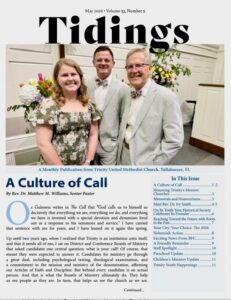 Cover of Tidings May 2026 issue: three people in church attire posing indoors; main headline 'A Culture of Call' with a sidebar of article titles.